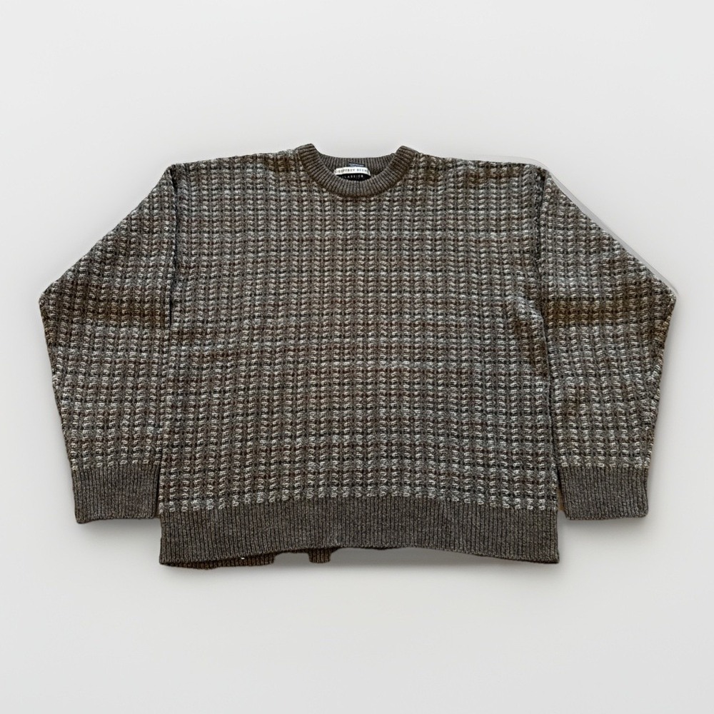 Geoffery Beene Sweater Mens L Knit Crewneck 90s Brown Plaid Acrylic Vintage